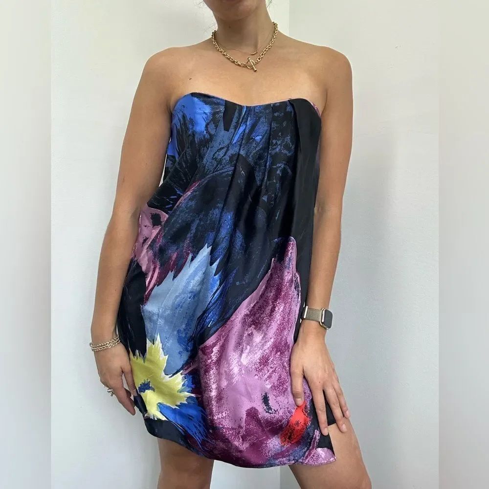 Tibi Vintage Multi-color 100% Silk Strapless Wrap Dress Sweetheart Neck Size 4 - Picture 6 of 11